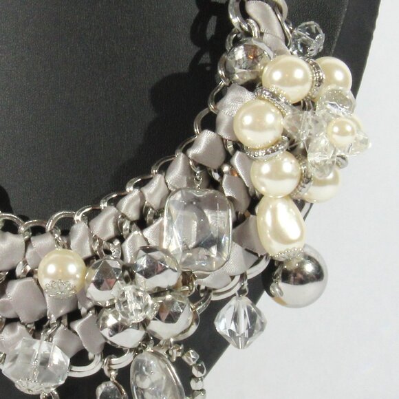 Chico's Silver Tone and Grey Fabric, Faux Pearls and Rhinestones Necklace - Picture 3 of 10